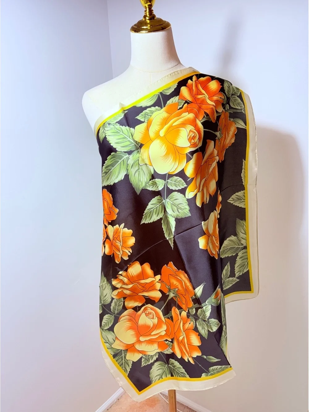 Elegant Black Scarf with Yellow and Orange Rose Floral Print